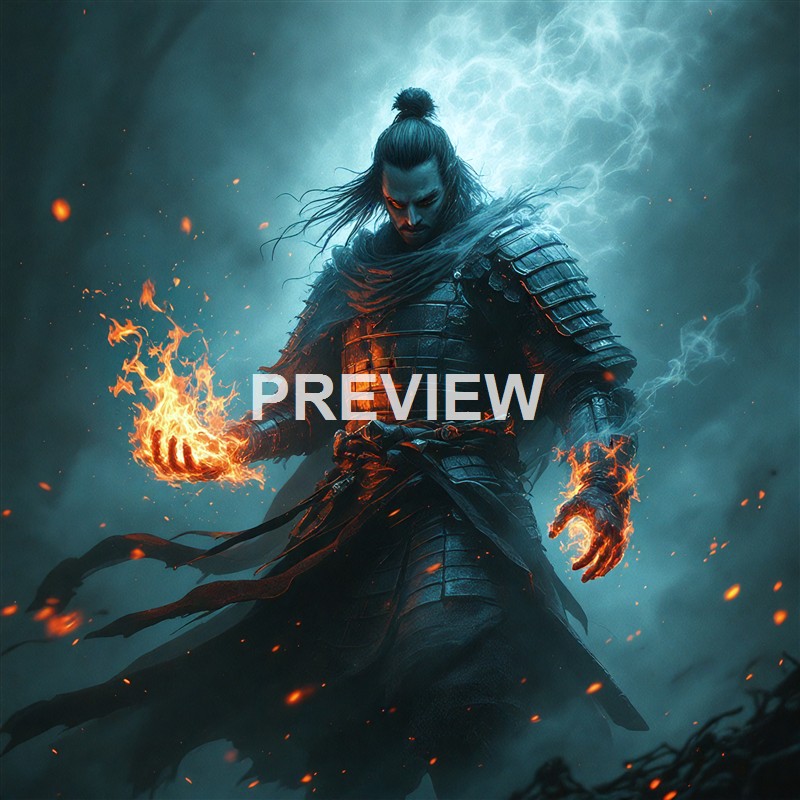 A fierce warrior dressed in dark armor with long hair, wielding fiery powers in both hands, standing against a stormy, electric-lit sky.
